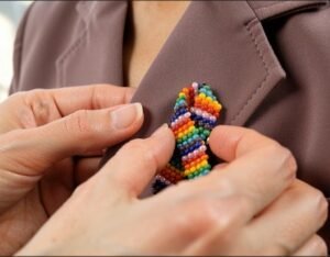 Handmade Beaded Pink Awareness Ribbon Pin - Image 2